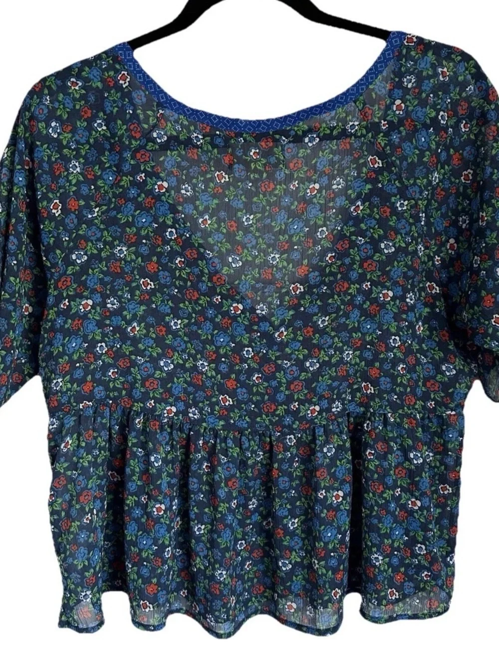 Hollister Womens S Blue Ditsy Floral  Pleated Sheer Chiffon Top Boho Cottage - Picture 3 of 16